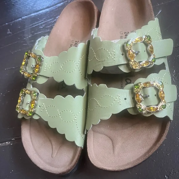 Betula Green Scalloped Slide Sandals with Gem Buckles - Picture 2 of 6